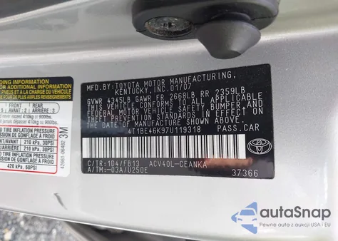 2007 Toyota Camry Le from USA, damaged, VIN 4T1BE46K97U119318